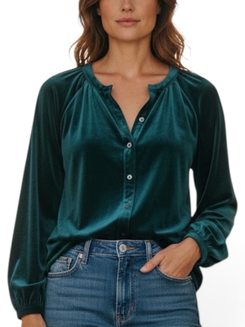 NEW Bobi Los Angeles Jade Stretch Velvet Button Front Top Women’s Large NWT
